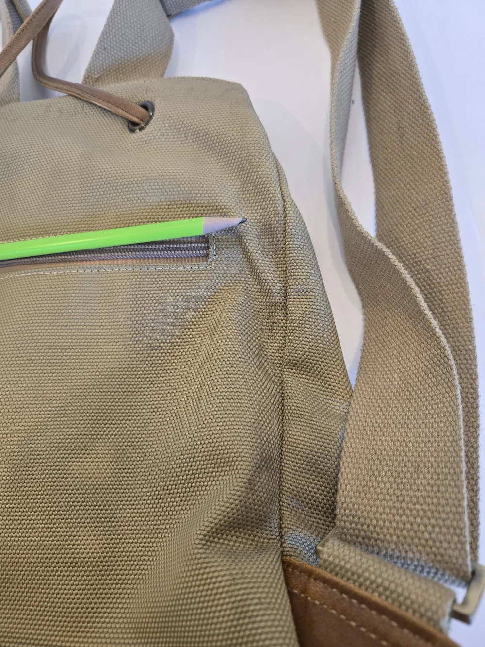 Khaki Canvas Backpack with Brown Trim for Women